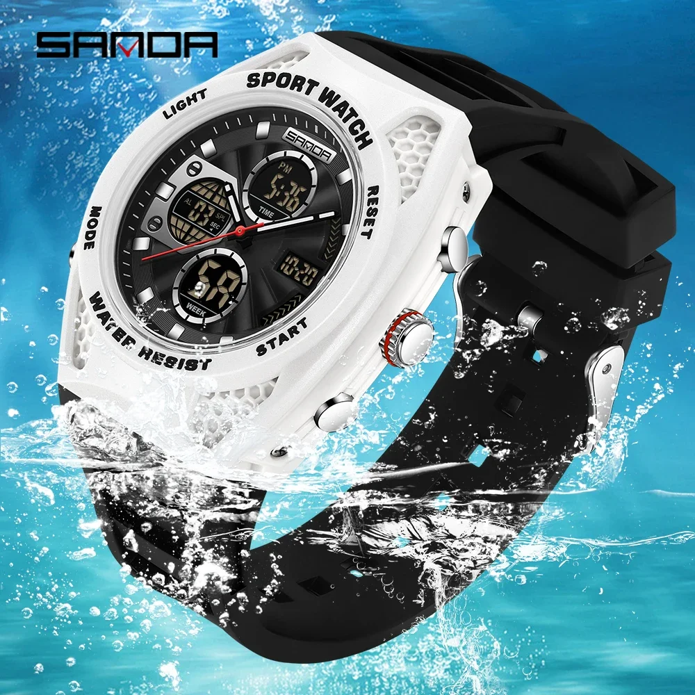 

SANDA 3384 Многофункциональные мужские спортивные электронные часы с хронографом и ночником, водонепроницаемый силиконовый ремешок, мужские цифровые часы