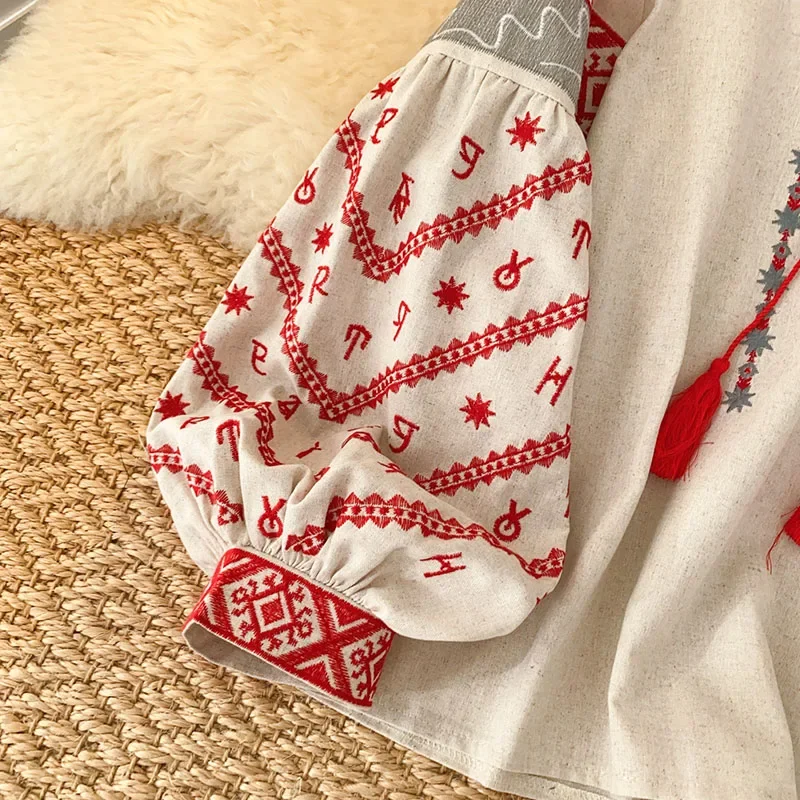 جديد المرأة بوهيميا بلوزة مطرزة الخريف الربيع س الرقبة طوق ربطة القوس فيونكة فانوس كم بلوزات Mujer الإناث بلايز BL021