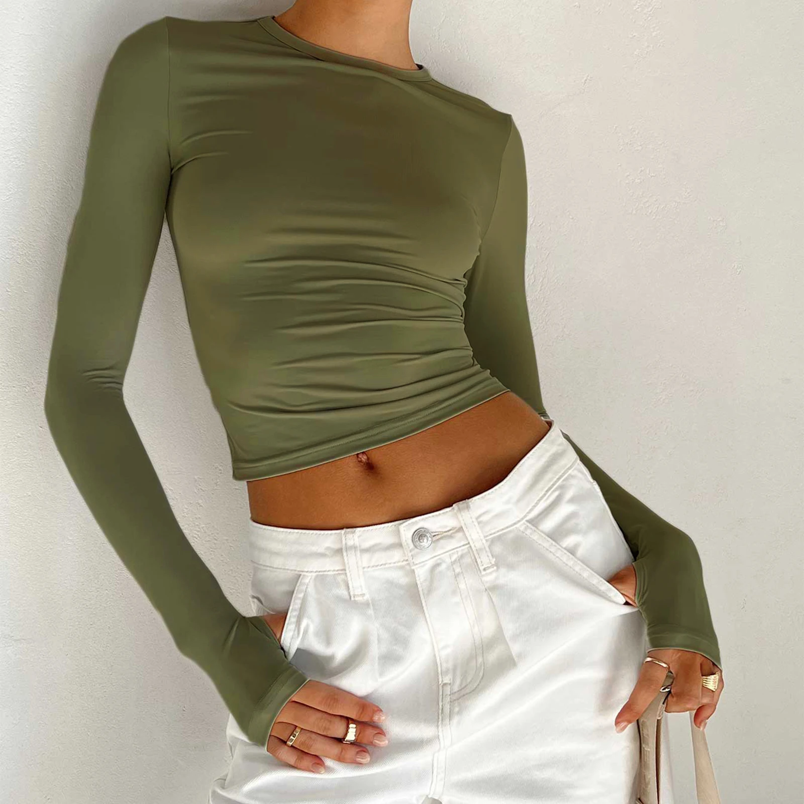 Basic Crewneck Casual Crop Tops for Women y2k Solid Skinny Long Sleeve Slim Fits Stretchy Cropped Tees T-shirts with Thumb Holes