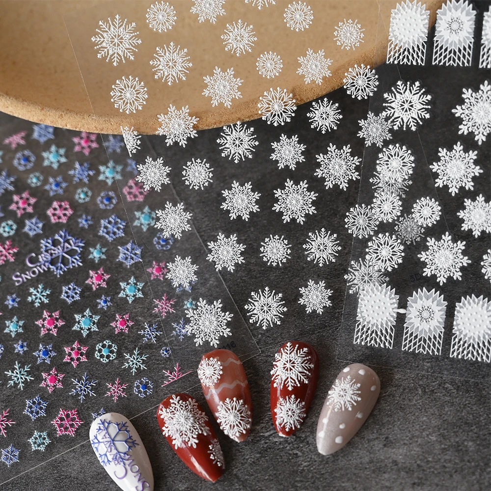 5D große Weihnachts-Schneeflocken-Nagelaufkleber, geprägte weiße Schneeflocken, selbstklebende Nagelkunst-Abziehbilder, Maniküre, Winter, Weihnachtsschieber