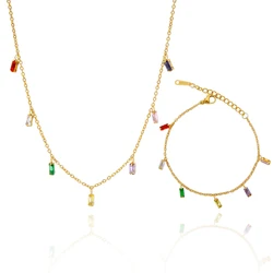 HIYEE Colorful Drop Stainless Steel O Chain Zircon Pendant Bracelet Gold Color Necklace for Women Fashion Jewelry Gift