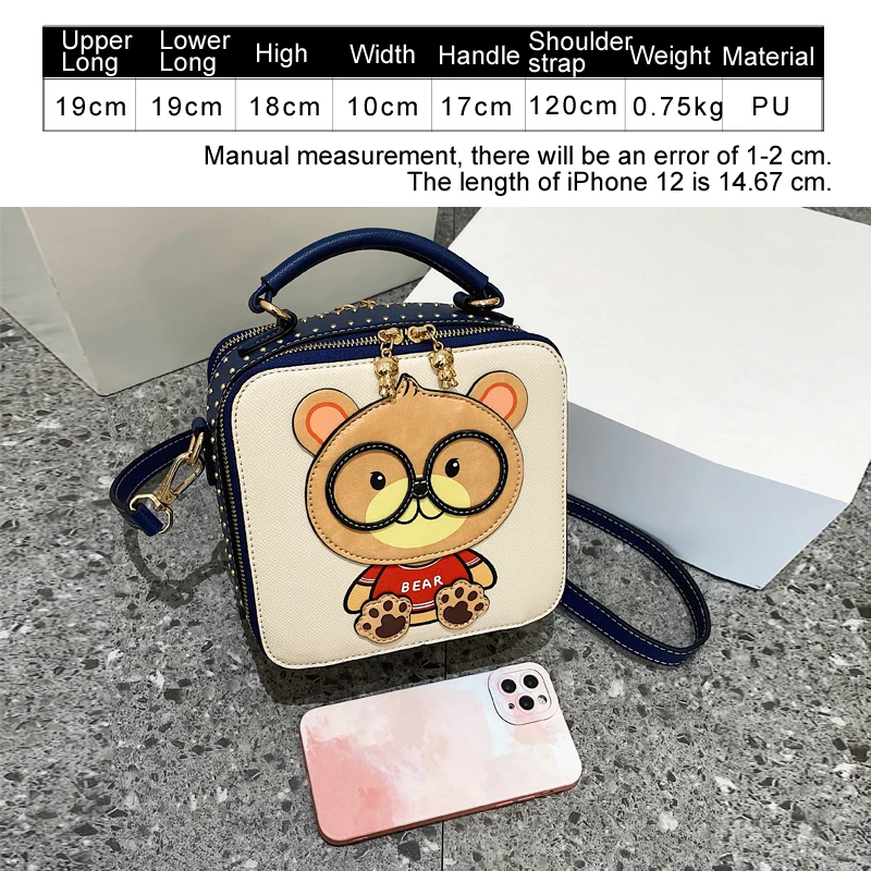 Imagem -02 - Beibaobao Marca Caixa Quadrada Bolsa de Ombro para Mulheres Bonito Urso Applique Crossbody Bolsas para as Mulheres Hi-q Rivet Lady Messenger Hand Bag