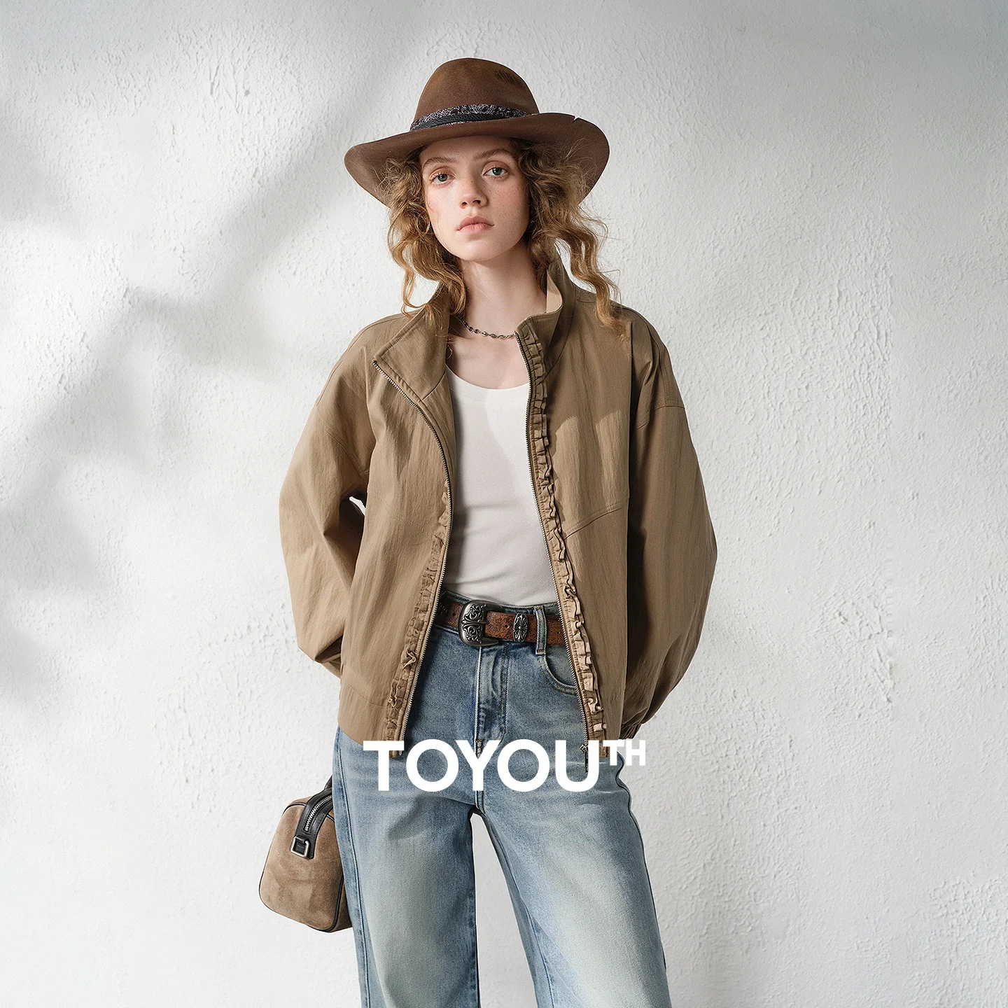 TOYOUTH Women's Stand Collar Jacket 2026 Fall New Loose Ruffled Trim Zip Up Workwear Vintage Female Outerwear Chic Tops