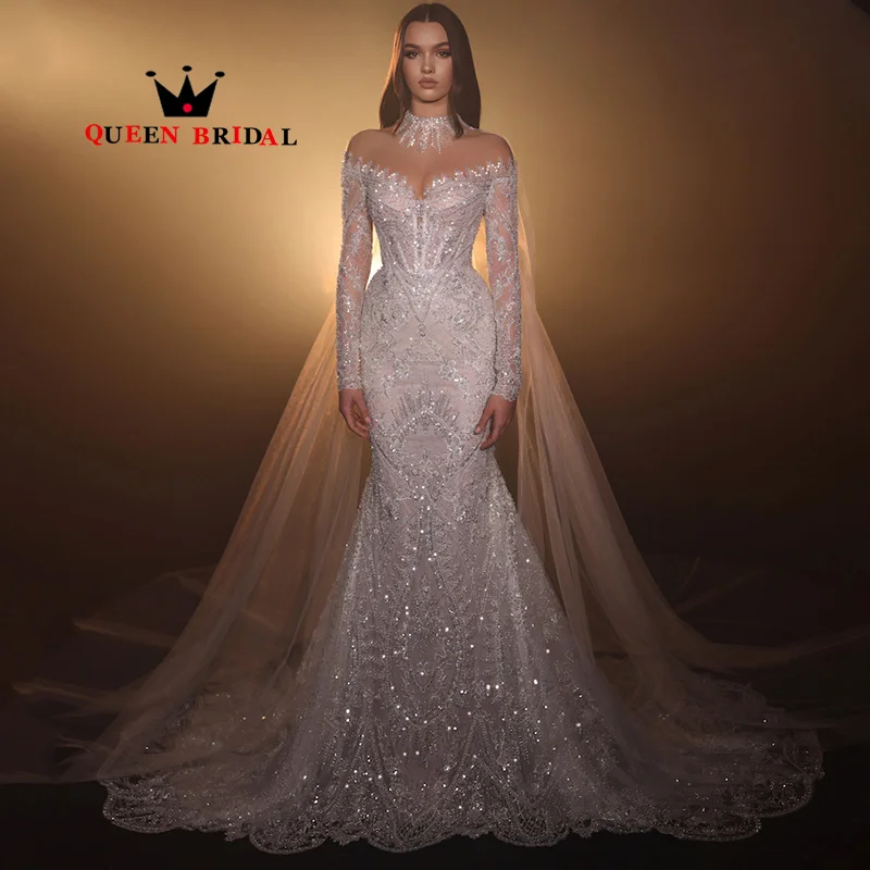 

Sexy Mermaid Wedding Dress Exquisite Illusion Sequined Pearls Lace Long Sleeve V Neck Birdal Gown Vestidos De Novia Custom Y14X