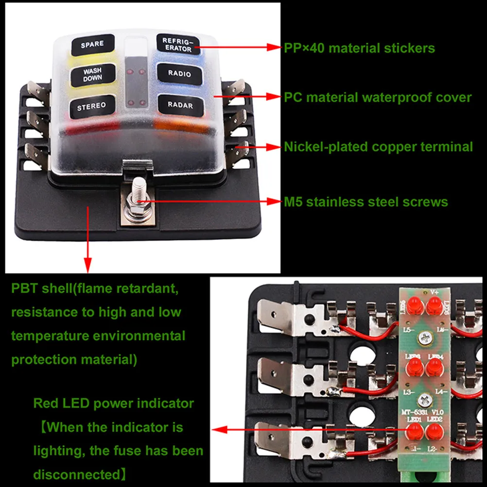6 -30V Fuse Box Base 1 Input 6 Output Pbt Anti-Flame Car Rv Boat Audio Screw Terminal Fuse Car Audio LED Indicator