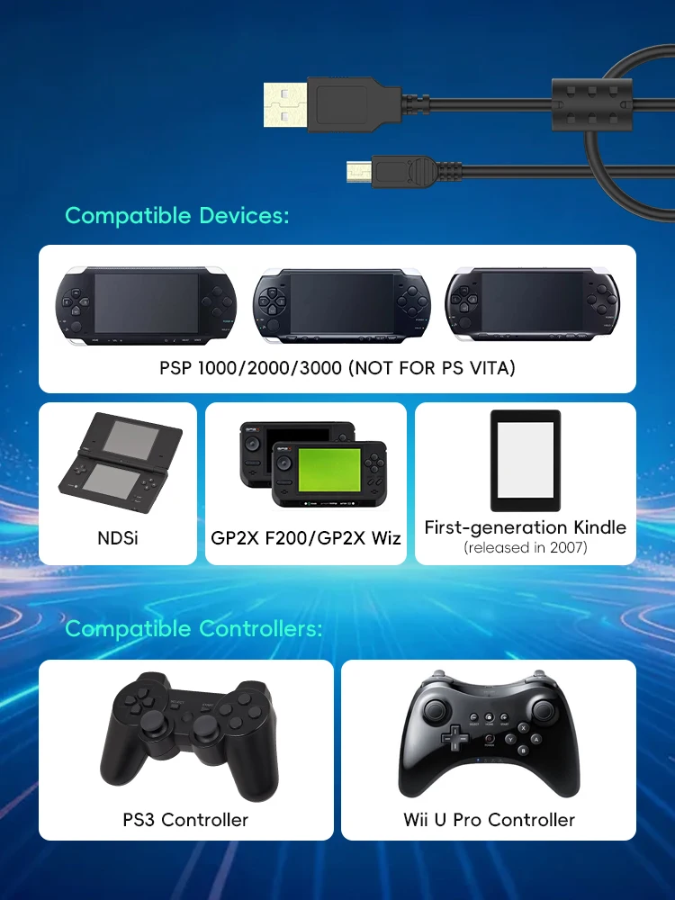 Imagen 4: Cable Data Frog Mini-B de 5 pines USB 2,0 Cable de sincronización de datos de carga rápida para controlador PSP1000/2000/3000 NDSi PS3 Wii U Pro