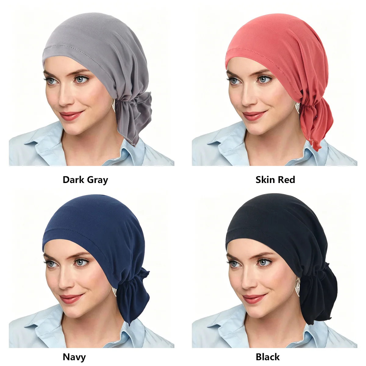 4pcs Instant Hijabs Solid Color Stretch Turban Caps Long Tail Soft Hat Elastic Beanies Bonnet Hair Loss Head Wrap Headwear Mujer