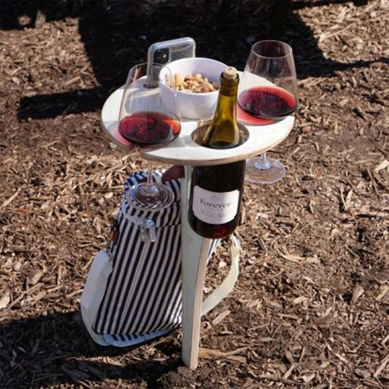 Outdoor Wine Table Foldable Round Desktop Mini Wooden Table Collapsible Wine Glass Rack Travel Portable