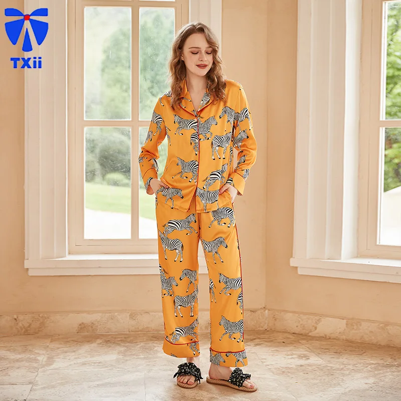 

【 Yellow Zebra】comfortable Ice Silk Pajamas Women High-end Sense ins Style Lapel Spring/Summer Long Sleeve Home Suit 18