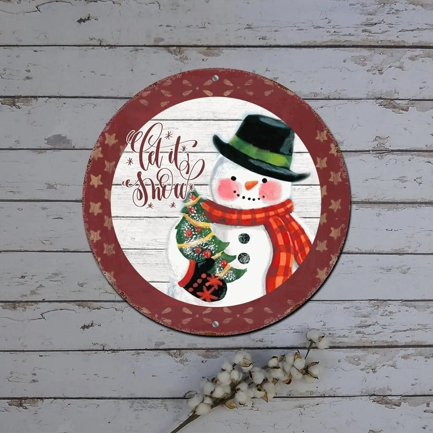 Metal Tin Christmas Signs Let It Snow Snowman Star Wood Grain Round Metal Tin Sign Christmas Door Decor Distressed Stylish Tin S