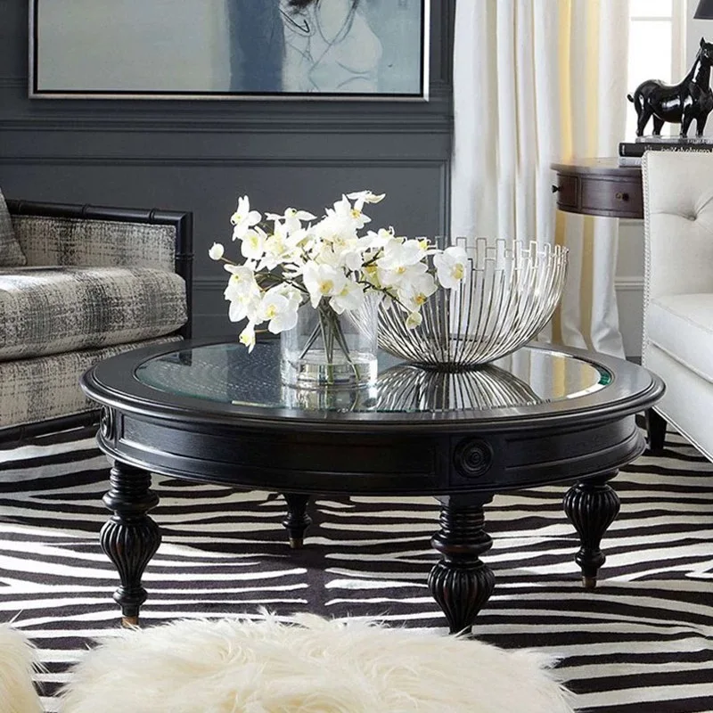 American Style Country Small Apartment Living Room Nordic Light Luxury Retro Solid Wood Glass Coffee Table Modern Simple No