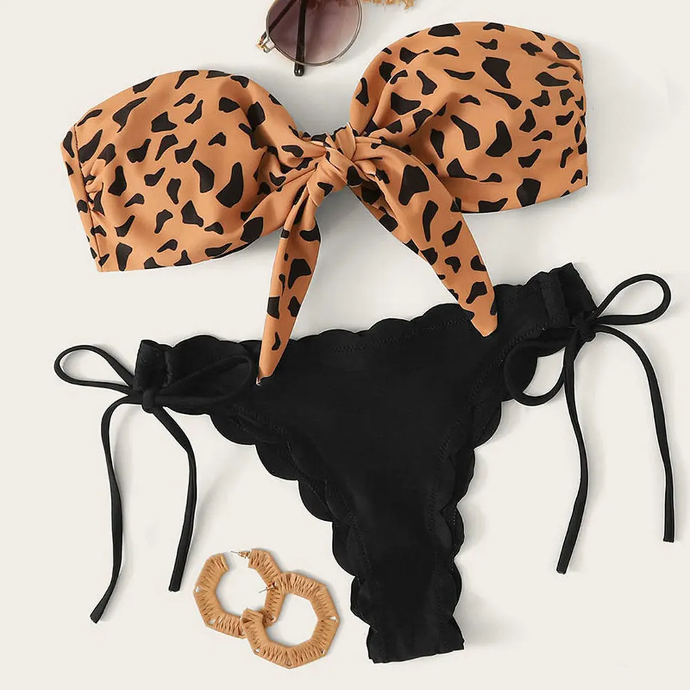 

2025 New Leopard Print Bikini Set Women's Separate Swimwear Lace Rope Sexy Bandeau Top Bottom Briefs