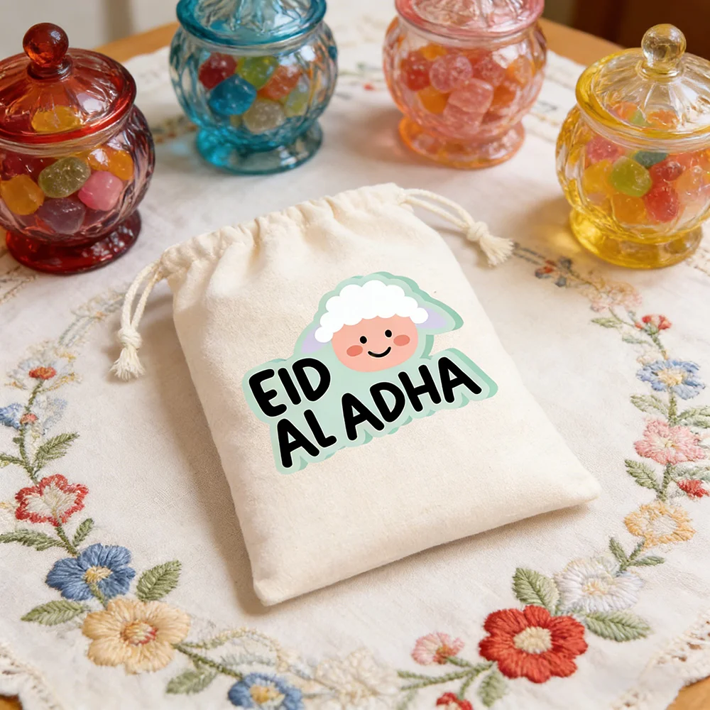 

5Pcs Eid Al Adha Cotton Drawstring Bags Ramadan Kids Gift Treat Bags Islamic Iftar Party Favor Eid Mubarak Muslim Holiday Supply