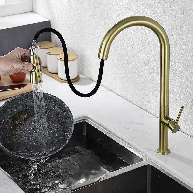 Brushed Gold/Gunmetal/Black Kitchen Sink Faucet Single Handle Rotation Pull Out Cold And Hot Water Mixer Tap