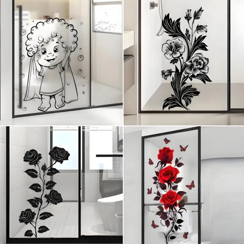 Rose & Black Vine Butterfly Glass Stickers Bathroom Glass Door Wall Sticker Adhesive Removable Waterproof Decals Privacy Decor