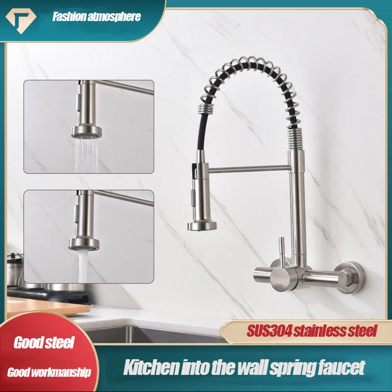 

Into The Wall Kitchen Hot And Cold Spring Pull Wash Basin Wash Dishes Balcony Laundry Pool Double Hole Mixed Water Valve Faucet