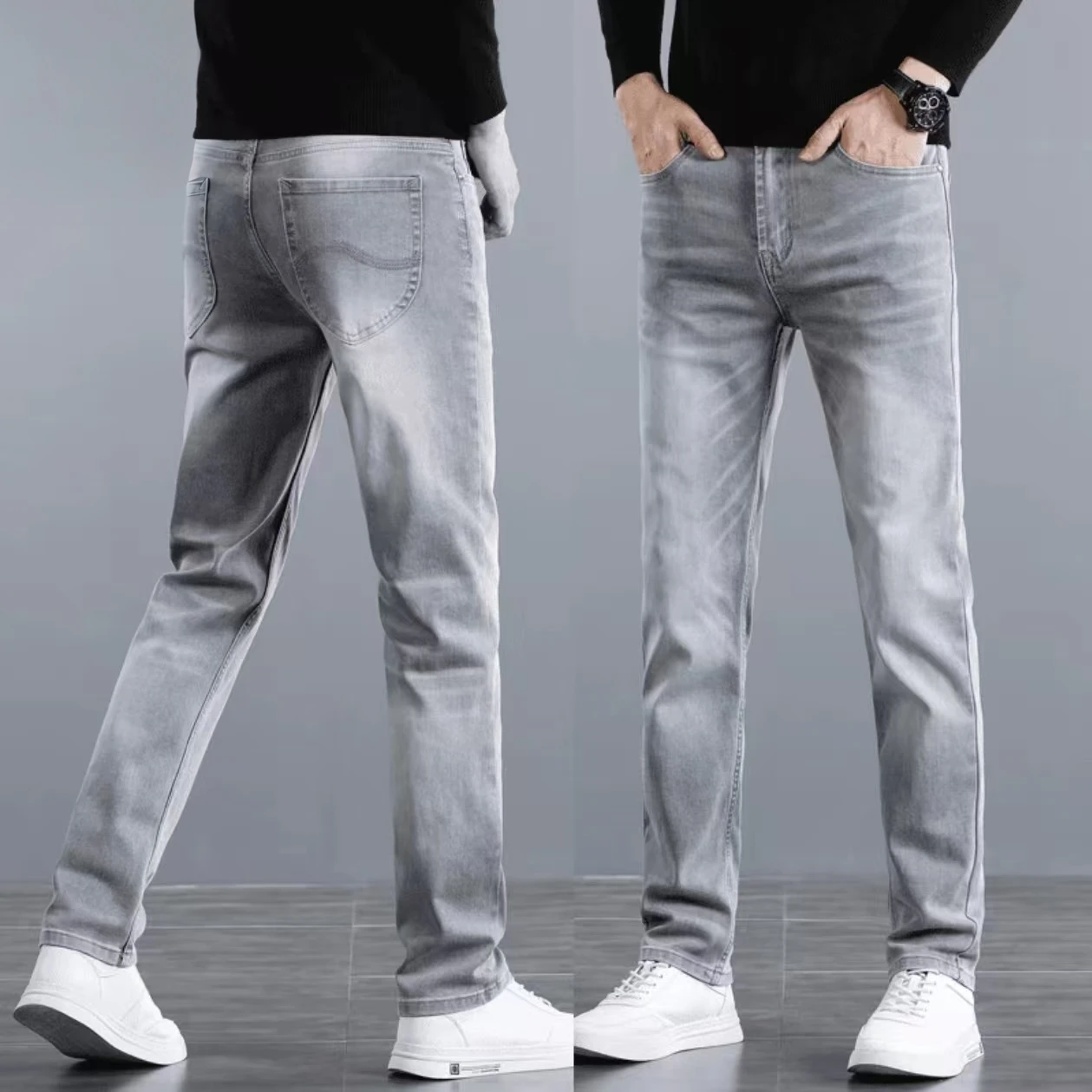 High-End Slim Fit Grey Denim Jeans Men's Autumn Winter Straight Leg Elastic Casual Pants Fashionable Urban Style Slimming Effect