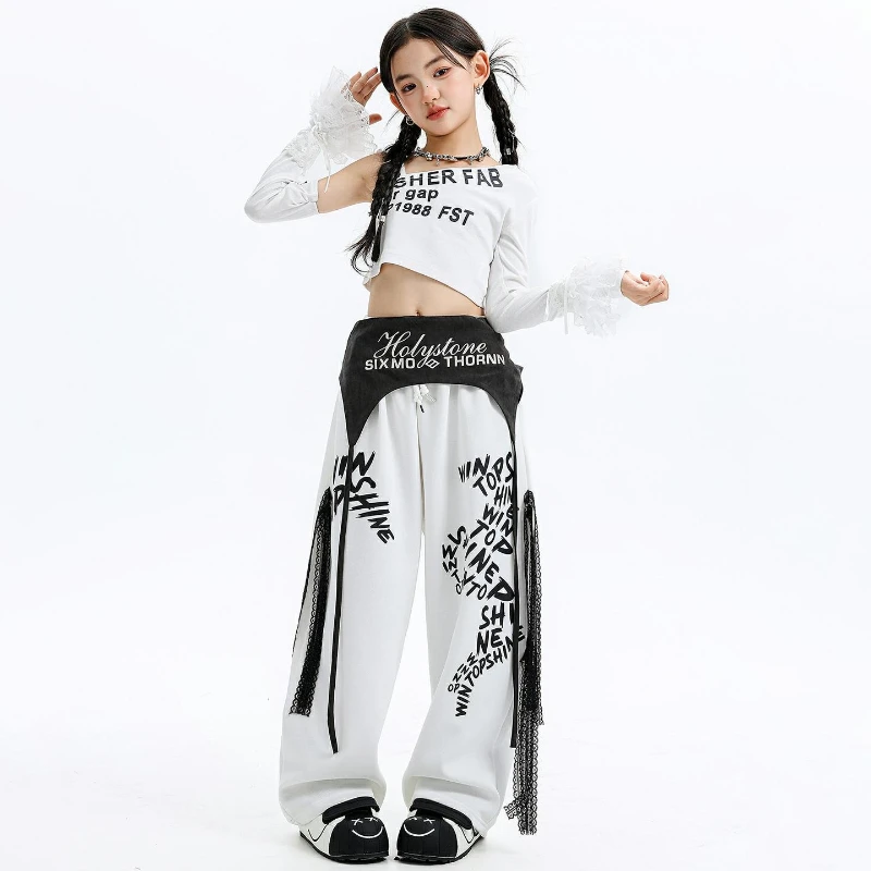 새로운 소녀 재즈 댄스 의상 힙합 코스튬 케이팝 화이트 긴팔 상의 배기 바지 패션 스트리트웨어 패션 캣워크 의상