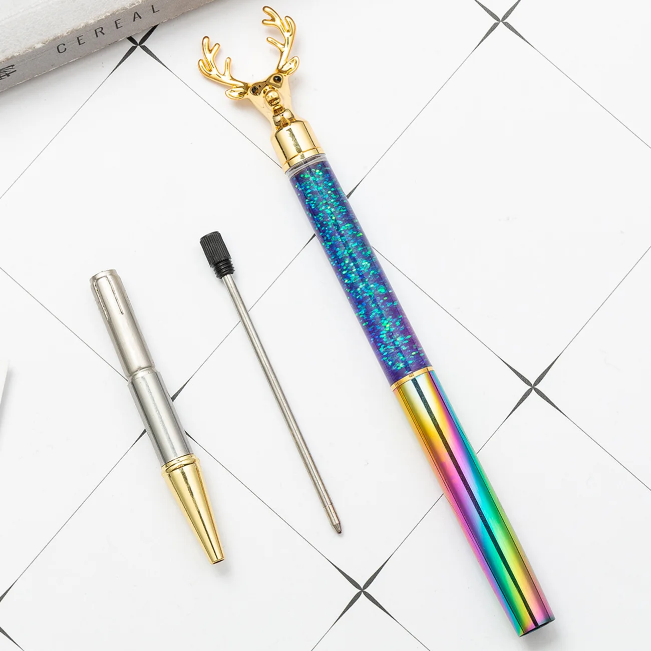 1PC Custom Logo Engraved Deer Head Quicksand Ballpoint Pen - Luxury Metal Glitter Liquid Filled Signature Pen for Office & Gifts