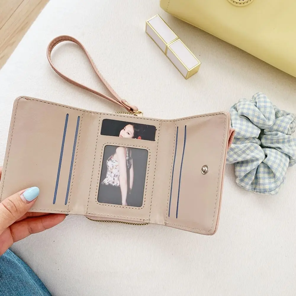 

Cute Pu Leather Bow Short Wallet Korean Style Multifunctional Triple Fold Wallet Coin Purse Card Bag Clutch Bag Girls