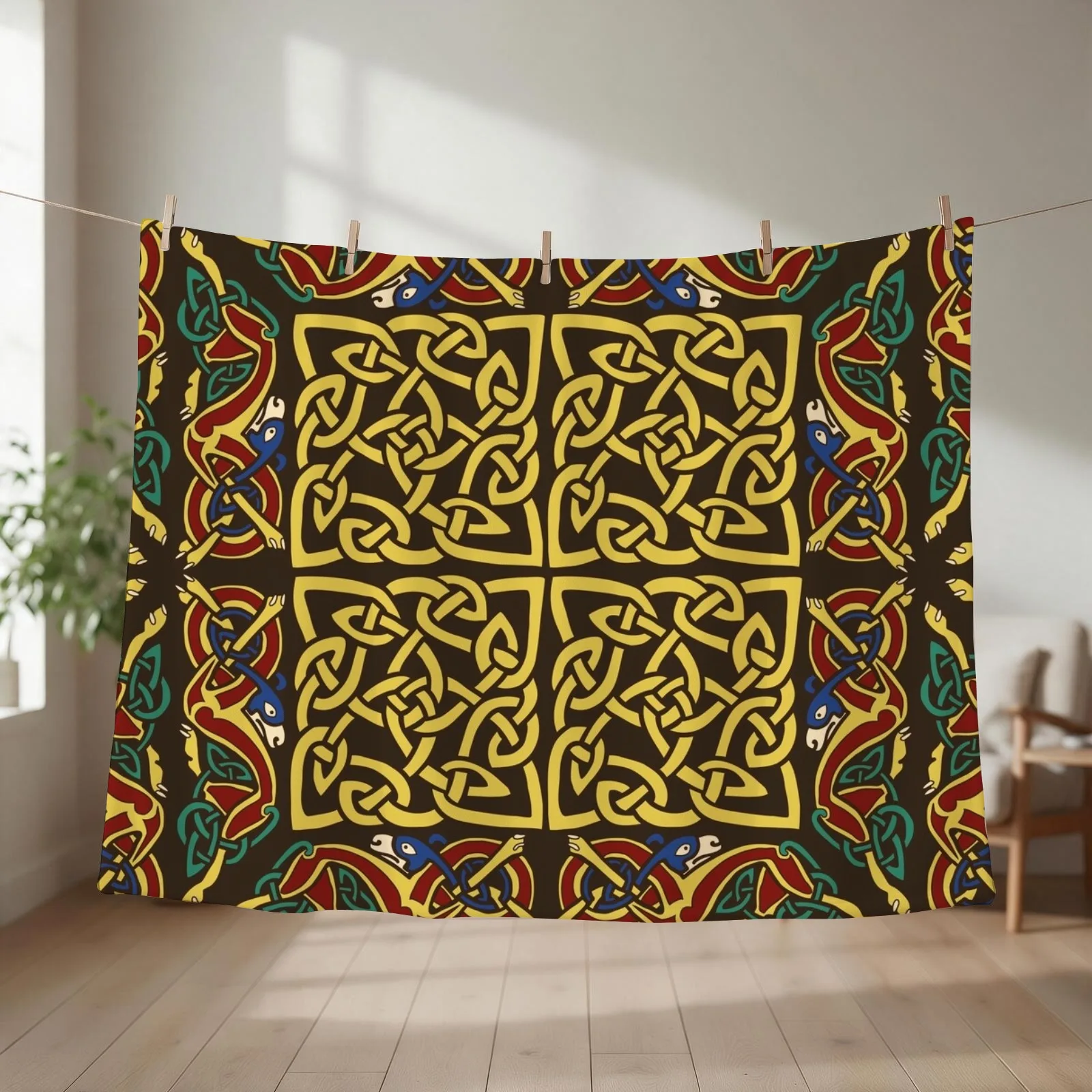 Gold Knotwork Squares and Hounds Border Throw Blanket anime Flannel Fabric manga Giant Sofa Blankets