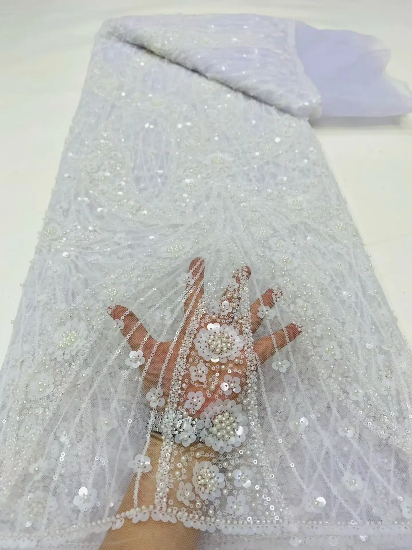 

2025High Quality African Nigerian Lace Fabric Embroidery Tulle Pure Wedding Party Dress Guipure SequinsFor Sewing Beaded 5yards