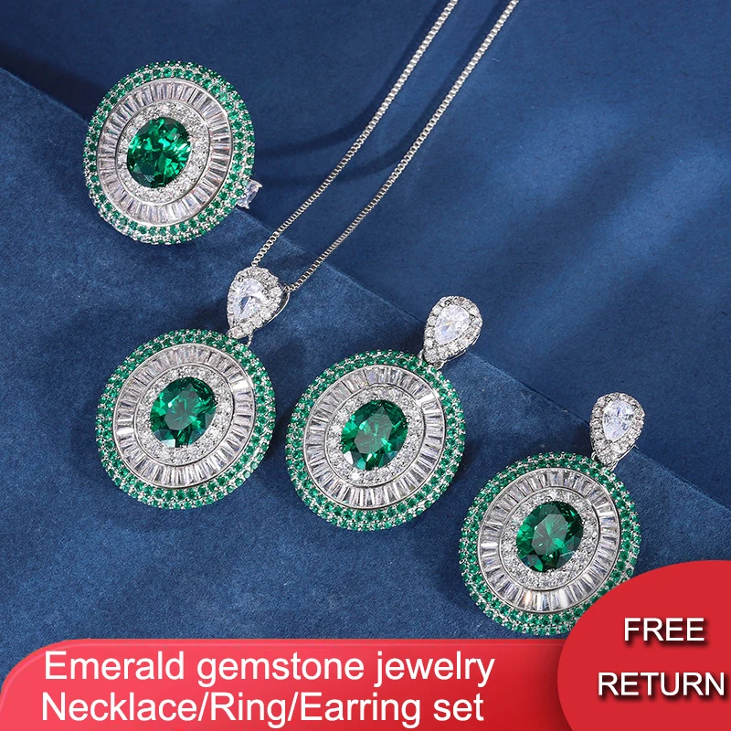 QXTC Retro Emerald Gemstone Necklace Pendant Ring Earrings Lab Diamond Wedding Party Women Fine Jewelry Sets Anniversary Gift