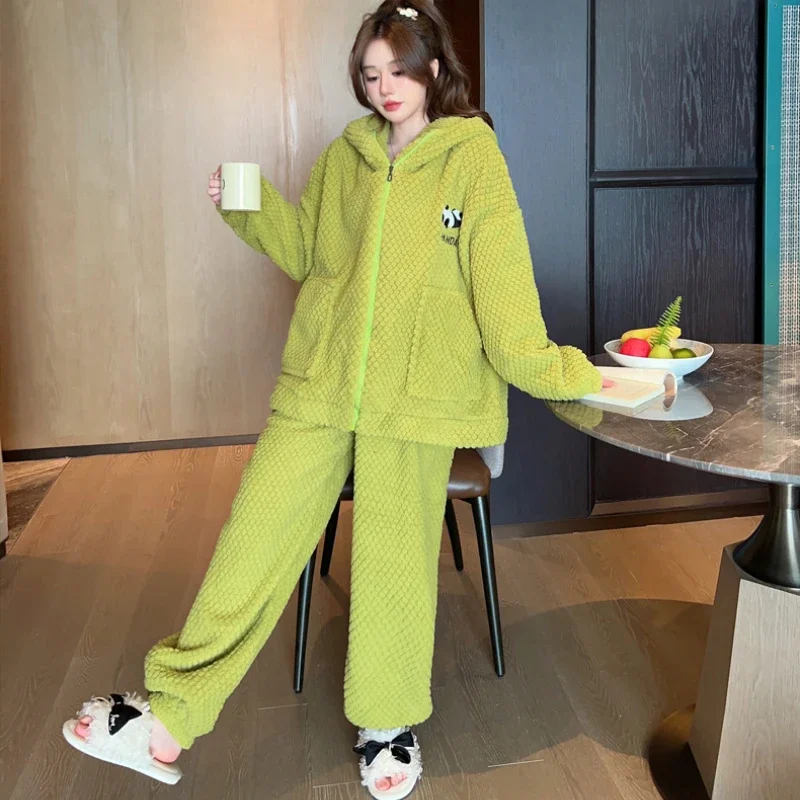 150Kg Plus Size Coral Hooded Pajamas Set Women Autumn Winter Thick Warm Plush 2 Piece Pant Home Suit Loose Zipper Sleepwear