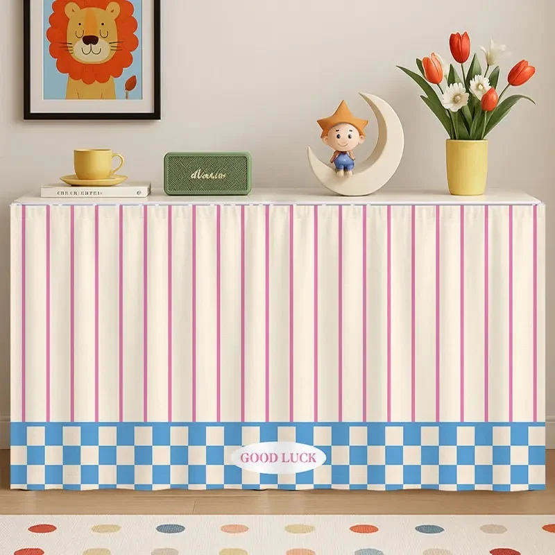 VIKAMA Sweet Vertical Stripe Cabinet Curtain Checkerboard Border Fabric Cover Curtain for Sink Cupboard Storage Decoration