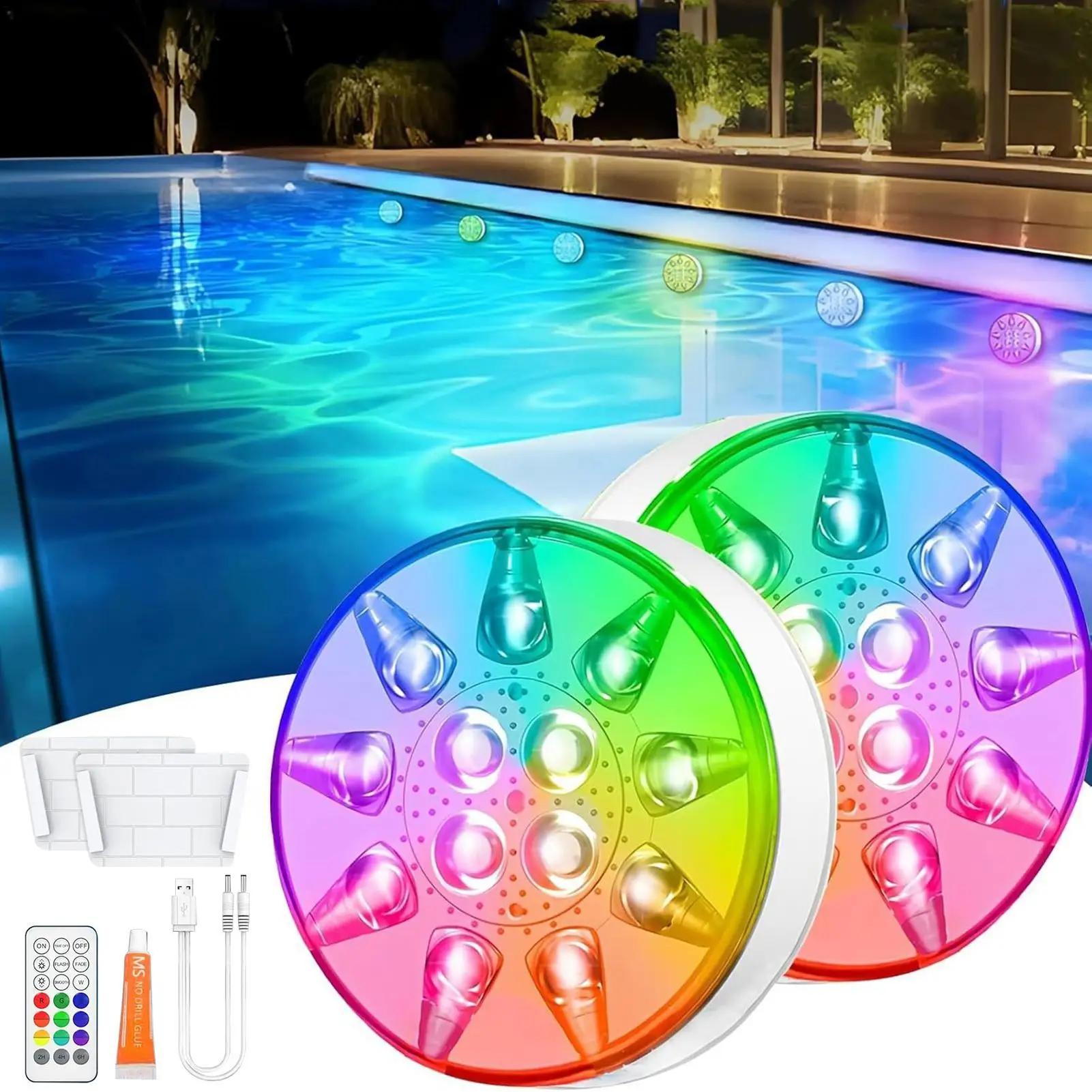 Swimming Pool Lights 16 Colors Rechargeable Waterproof Lighting With Remote Control & Timer 2-pieces Lights For Pool For Outdoor