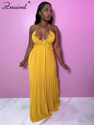 Znaiml Summer Beach Women Straps Ruffles Yellow Long Maxi Dress Sexy Sleeveless Solid A-Line Party Birthday Nightclub Vestidos