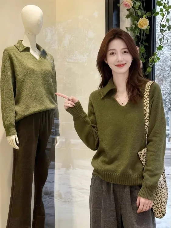 

Soft Cozy een Collar Long Sve Knitted Sweater Women Autumn Winter Loose Fit Overhead Trendy Casual Sle V-Ne Regular ...