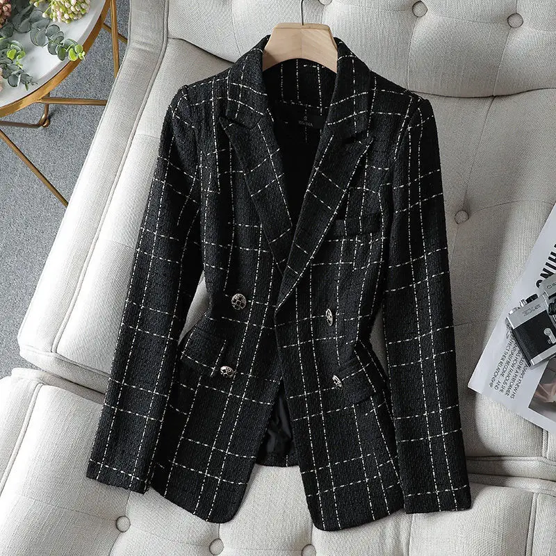 

Plaid Blazers Women 2025Fashion Spring Autumn Office Ladies Long Sleeve Coarse Woolen Coats Chic Vintage Double Breasted Blazers