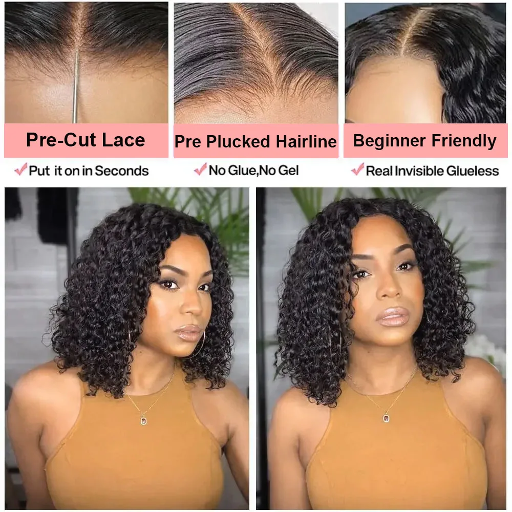 Glueless Human Hair Wigs Short Bob Deep Wave 13x4 Lace Frontal Human Hair Wigs Curly 180 Density Pre Cut Ready To Wear For Women