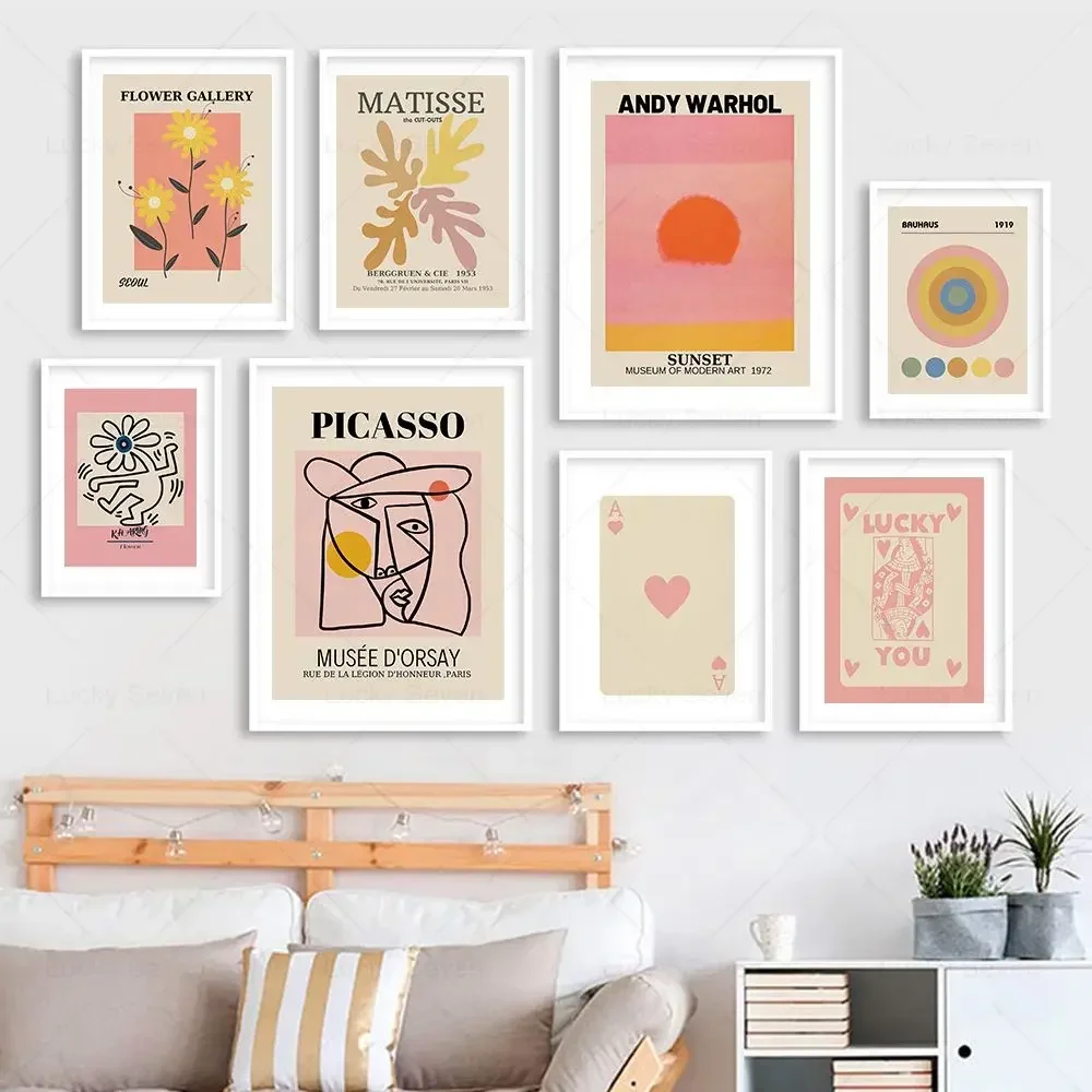 Lienzo artístico de pared de galería Retro rosa minimalista, impresiones de Picasso Warhol Matisse Bauhaus, carteles estéticos, decoración de la habitación del hogar