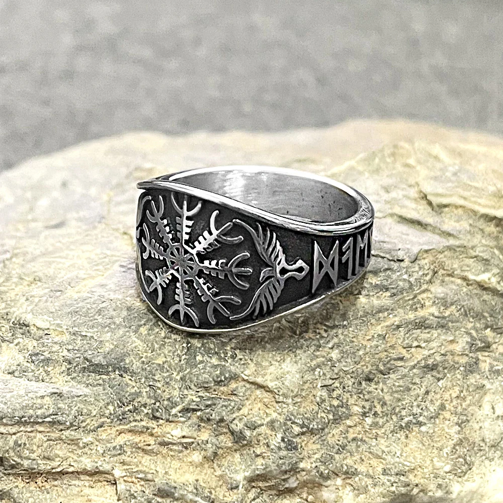 Vintage Vikings Runes Compass Rings Men Stainless Steel Norse Mythology Odin\'s Crow Futhark Finger Ring Pagan Talisman Jewelry