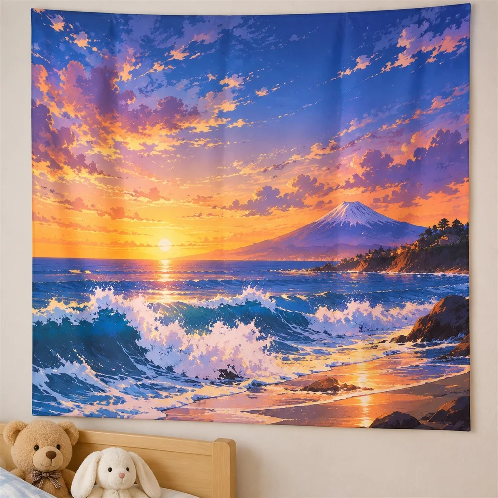 VIKAMA Great Wave Mountain Anime Tapestry Wall Hanging, Aesthetic Japanese Anime Room Decor Tapestries for Living Room Bedroom