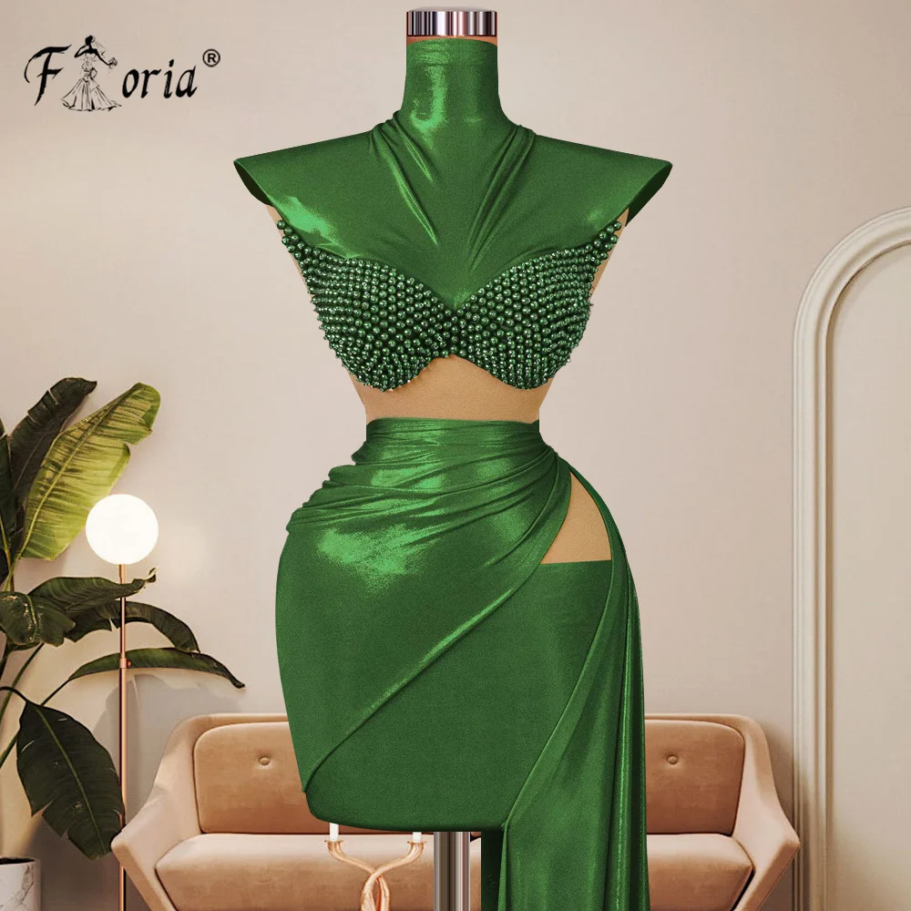 High Neck Cap Sleeve Metalic Fabric Pearls Short Cocktial Dress with Side Train Cut Out Waist Fashion Prom Dresses Graduation