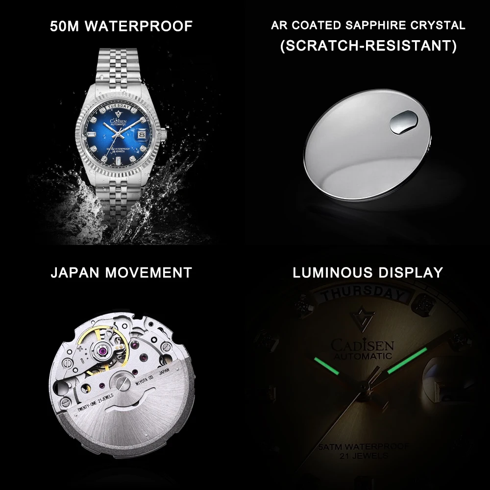 CADISEN Spring Men'S Mechanical Watch Imported Mechanical Movement Casual 38mm Small Size Mechanical Watch