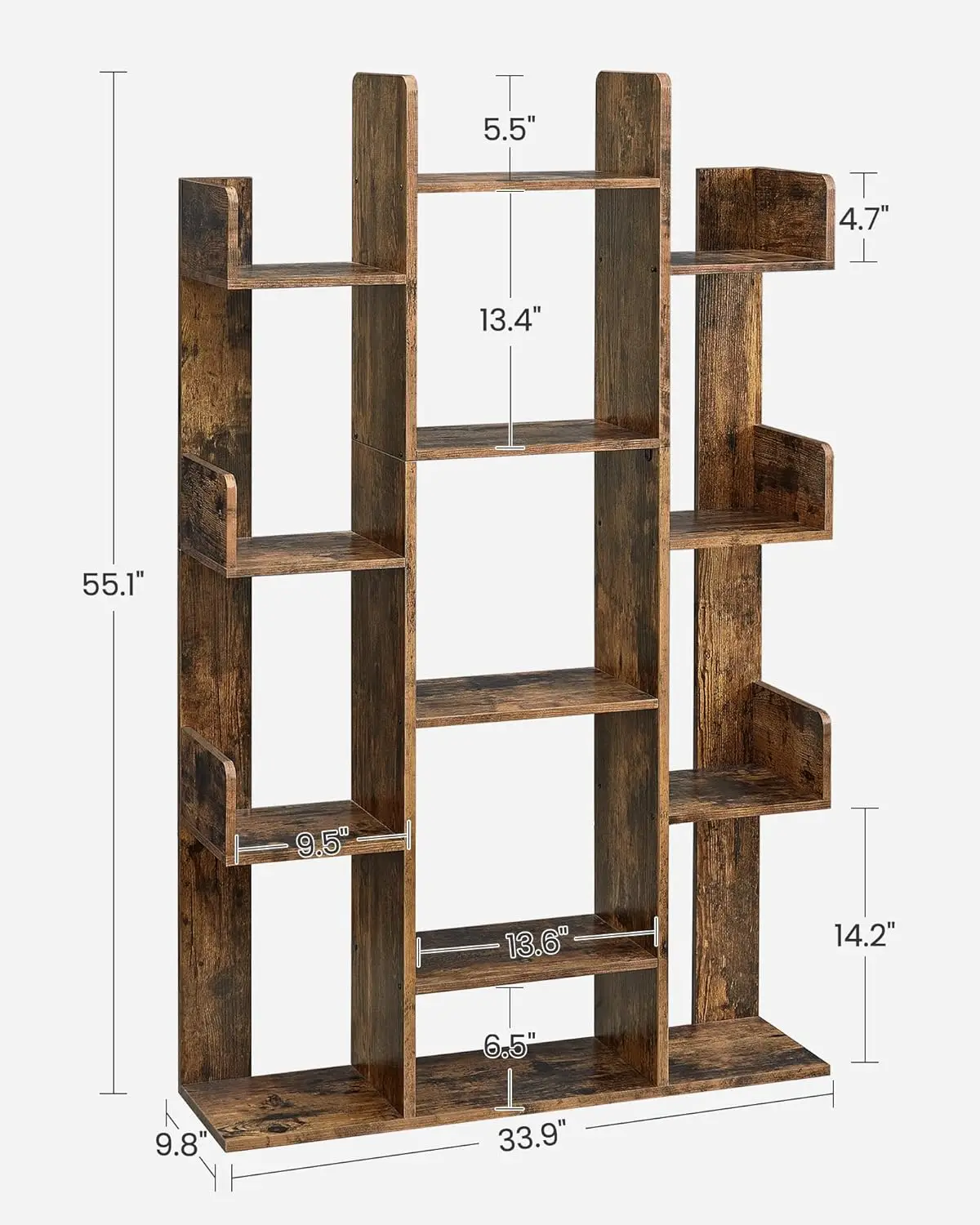 Tree-Shaped Bookcase with 13 Shelves, Rustic Brown, Compact Design for Home Storage