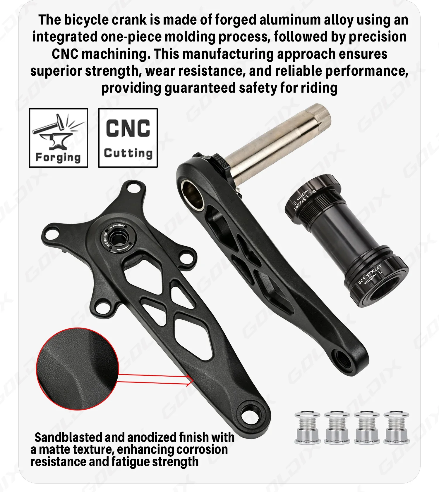 GOLDIX Hochfeste Fahrradkurbelgarnitur aus geschmiedeter Aluminiumlegierung, 104BCD, schmal-breites Kettenblatt, 170 mm Länge, für Mountainbikes. – Detail 4