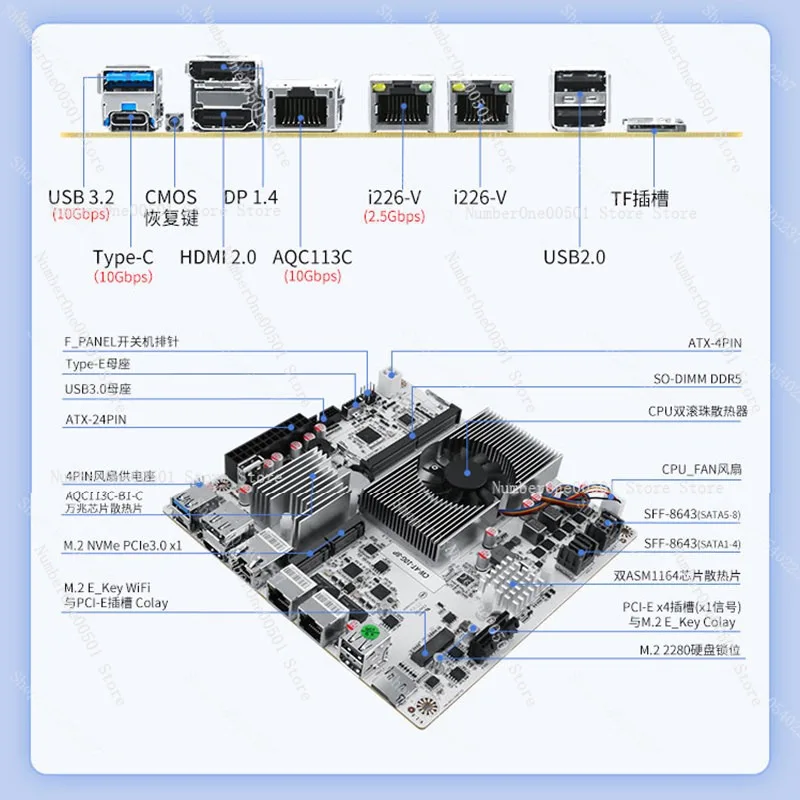 N150 N355 NAS Motherboard DDR5 M.2 NVMe 10G PCIE 8 Bay 10GbE