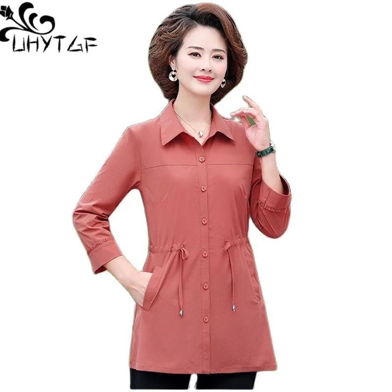 UHYTGF Fashion Blouses Women's Mom Large Size Shirt Ladies Single Breasted Spring Autumn Tops Coat Female Thin Clothes 5XL 1996