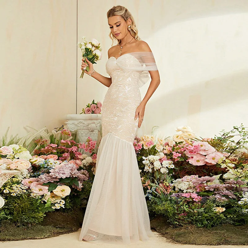 원 숄더 라이트 웨딩 드레스, 프렌치 레이스 피쉬테일 야외 베일, 단순한 기질, 숲 스타일 슈퍼 요정 환영