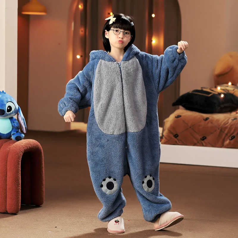 Disney Stitch Winter Family Pajamas Set Long Sleeve Hooded Christmas Warm Sleepwear Flannel Pijamas Mother Dad Kids Home Clothes