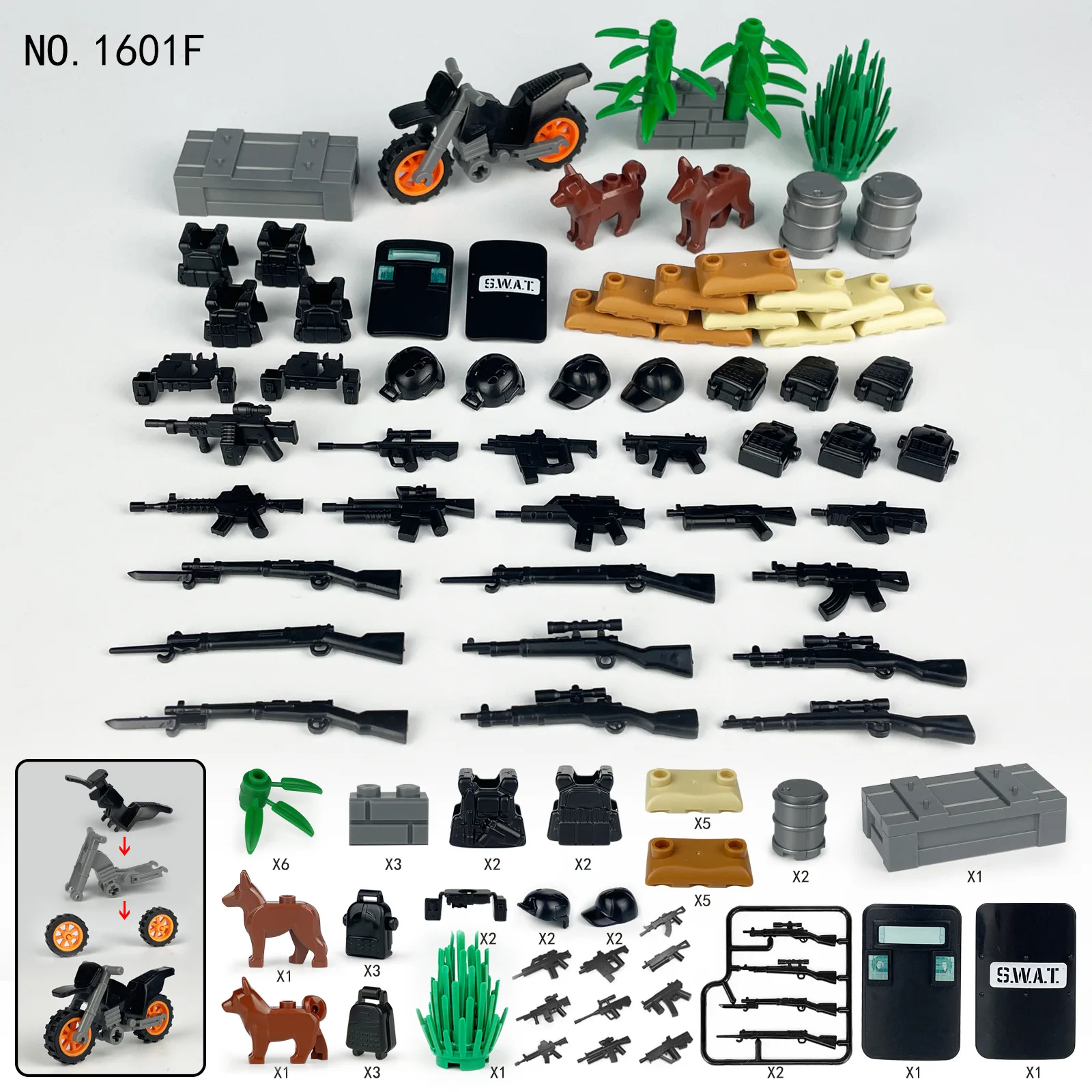 

Military Building Block Accessories 1601C Equipment Pack Wire Mesh Sandbag Helmet Motorcycle Mortar 76461 Assembly Boys Gift Toy