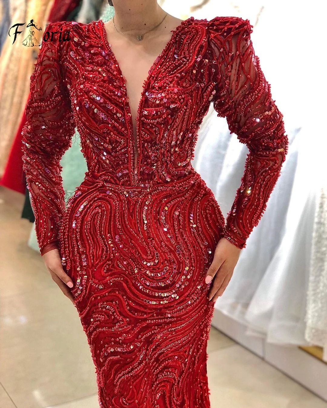 Formal Occasion Red Long Sleeves Mermaid Evening Dress Pearls Beads Wedding Party Gowns Robe de soiree Elegant Prom Dresses New