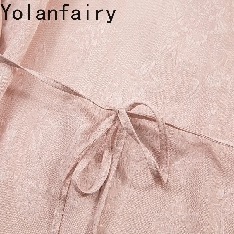 YOLANFAIRY 새로운 93% 뽕나무 실크 셔츠 여성 여름 탑 2025 우아한 자카드 긴 소매 셔츠 여성 v 넥 핑크 셔츠 Damen