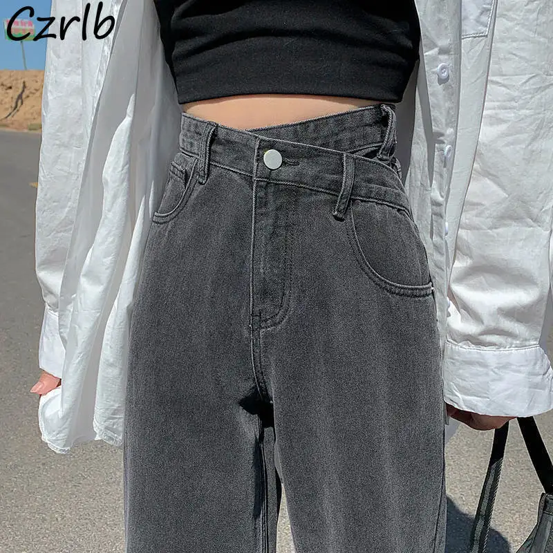 Calças de brim femininas cintura alta chique denim moda calças largas perna lazer comprimento total retro sólido todos os jogos femme solto adolescente