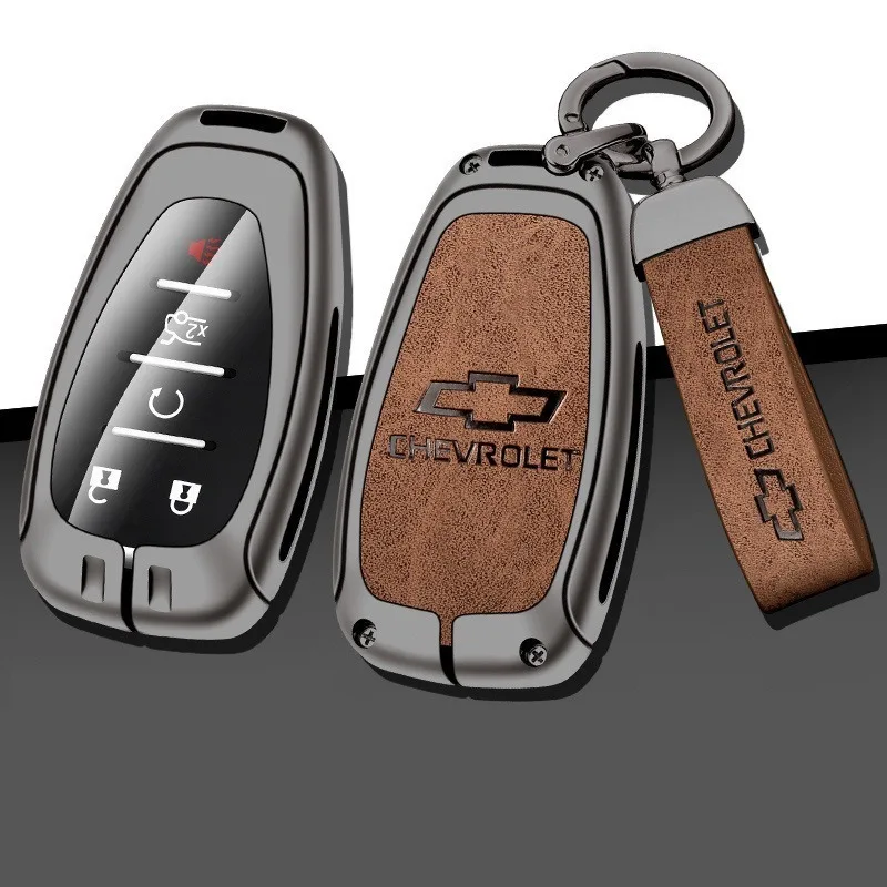 Shiny Silver Metal Car Key Case Cover for Chevrolet/Sail/Equinox Leather Shockproof ‌Key Fob Cover with Keychain Car Accessories